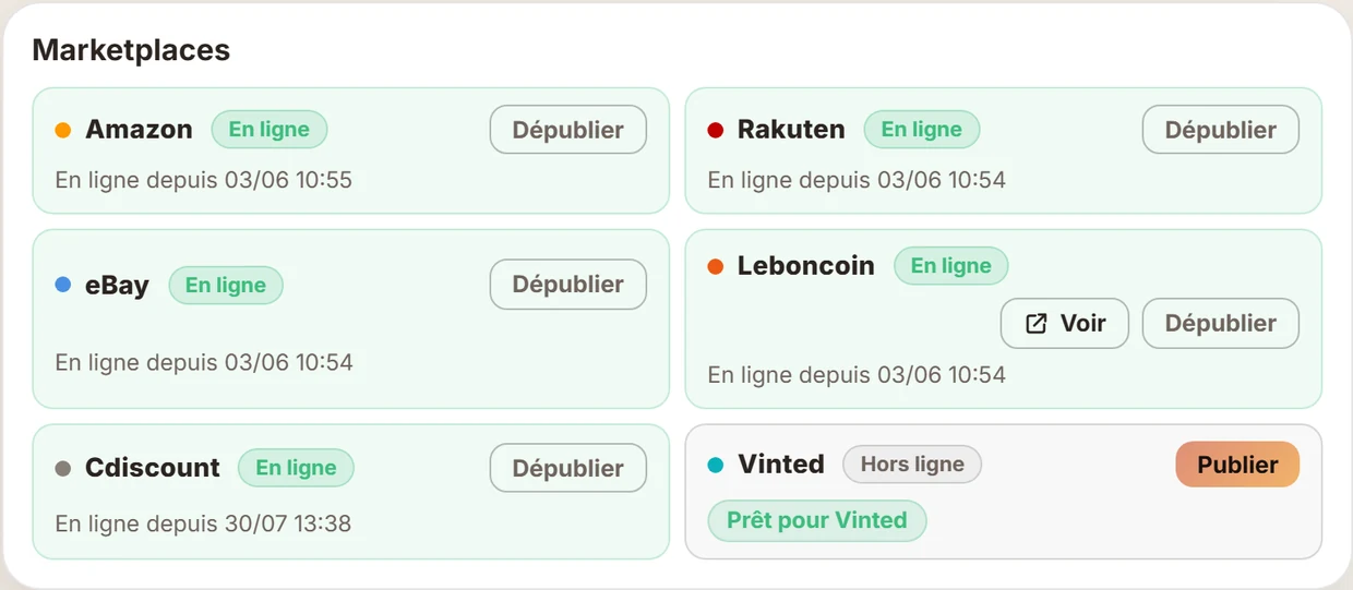 Fiche article EvoMarket : statut de l'annonce sur les cinq sites de vente